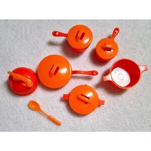 Barbie Size Kitchen Accessories Pots Pants Lids Tea Kettle Lot Orange Vtg
